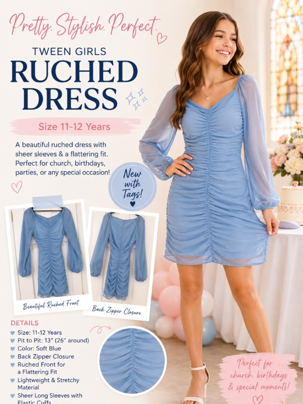 Tween Girls Blue Ruched Dress Size 11-12 | Special Occasion Party Dress